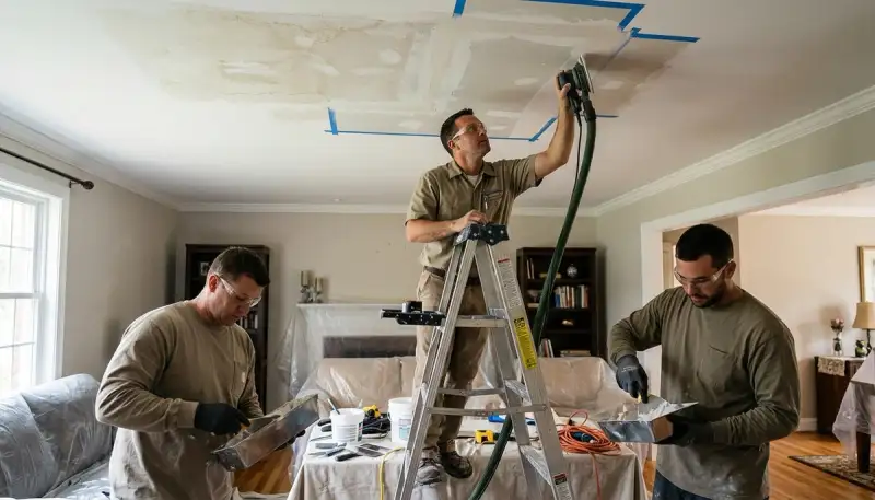 Ceiling water damage repair in Conroe, TX for stained, sagging ceiling from leaks and storms