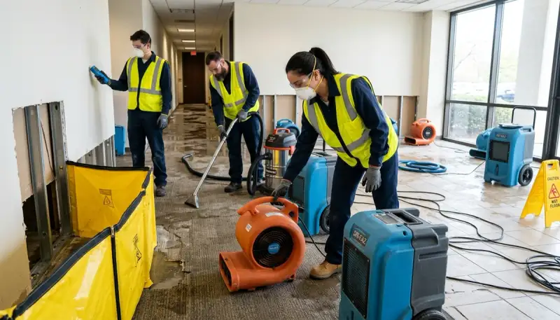 Commercial water damage restoration crew in Conroe, TX removing water and drying a flooded property