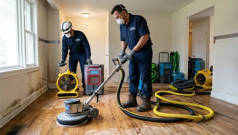 Conroe, TX water damage restoration team removing flood water from a damaged home