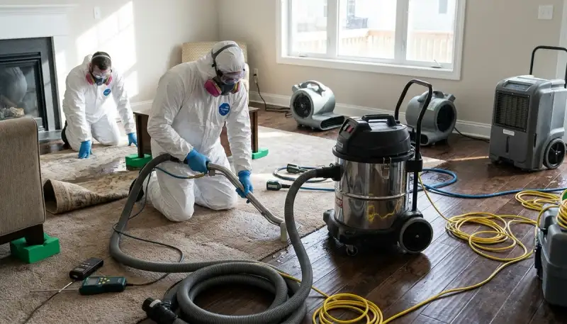 Conroe, TX water damage restoration crew cleaning flood-damaged home after emergency response