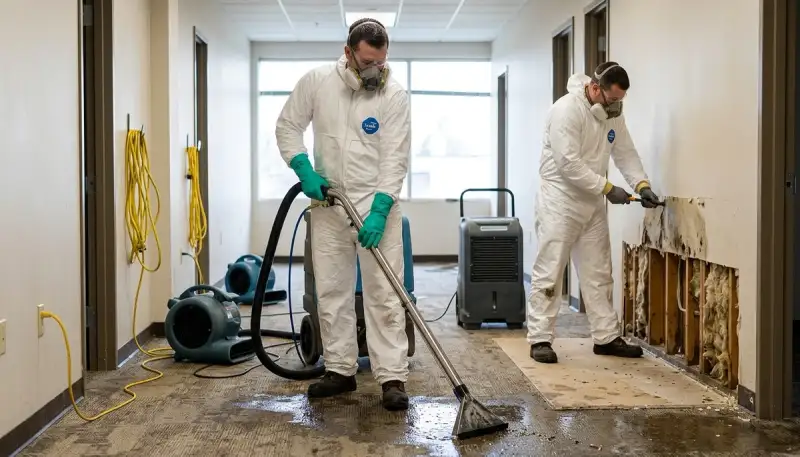 Flood damage cleanup crew in Conroe, TX removing standing water from a flooded home