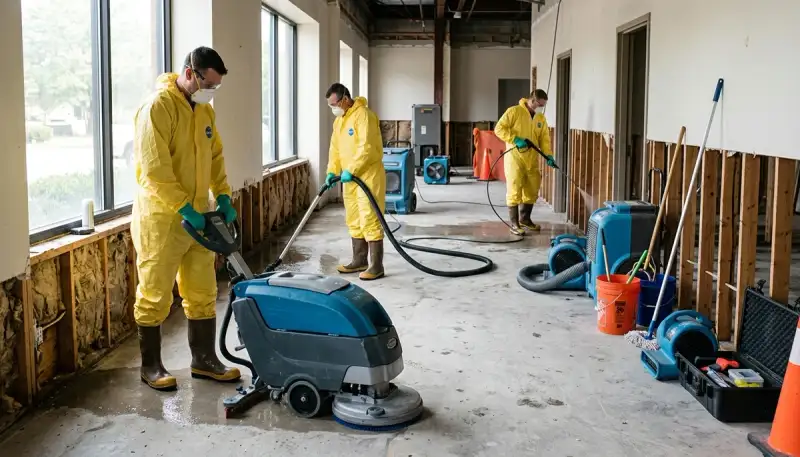 Flood damage cleanup team removing standing water from a Conroe, TX home