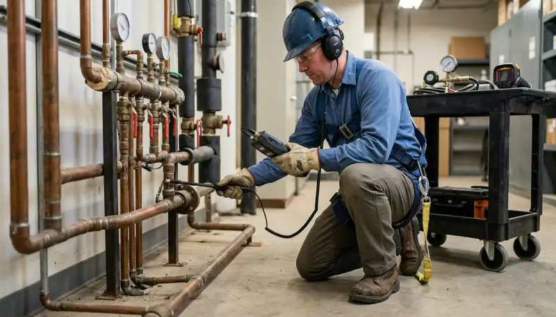 Conroe, TX water damage technicians inspecting a hidden pipe leak in a home