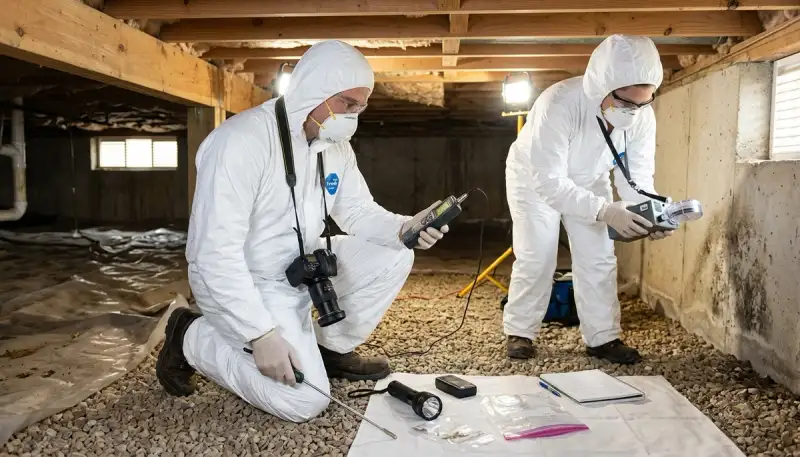 Mold inspection technician assessing hidden moisture damage in Conroe, TX home