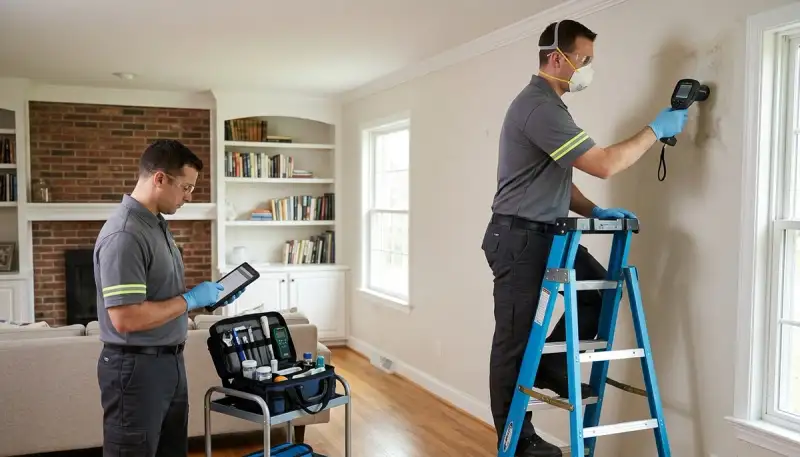 Mold inspection technician assessing home moisture damage in Conroe, TX
