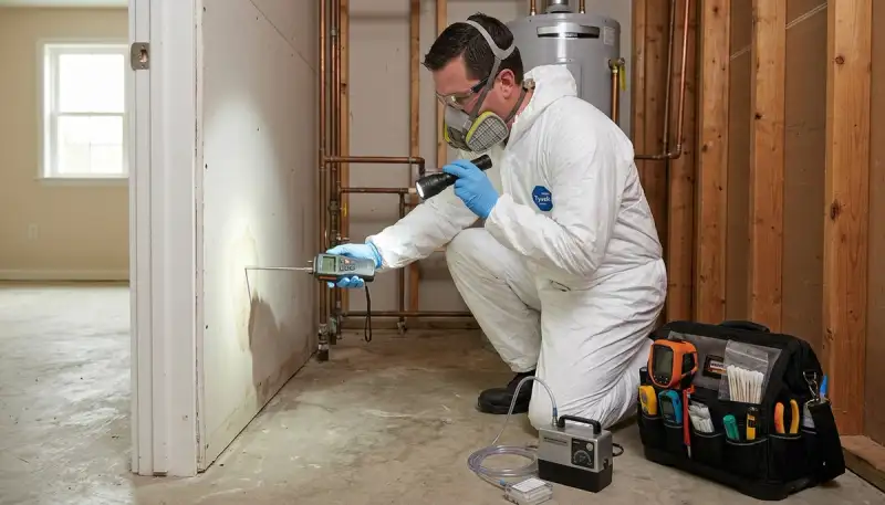 Mold inspection specialist assessing hidden water damage in Conroe, TX home