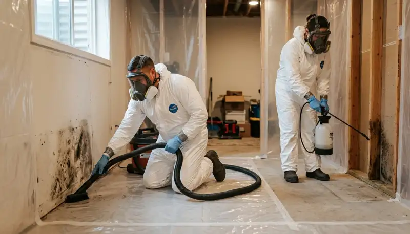 Conroe, TX mold removal technicians inspecting water-damaged home for 24/7 restoration service