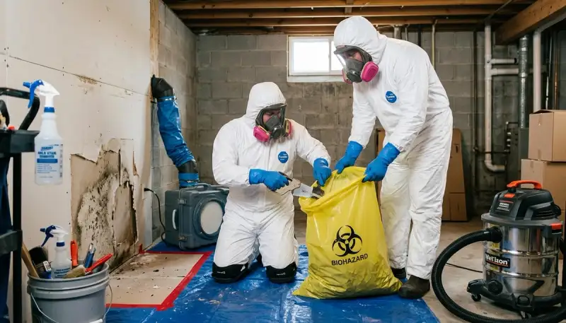 Water damage crew removing mold in Conroe, TX home during 24/7 restoration service
