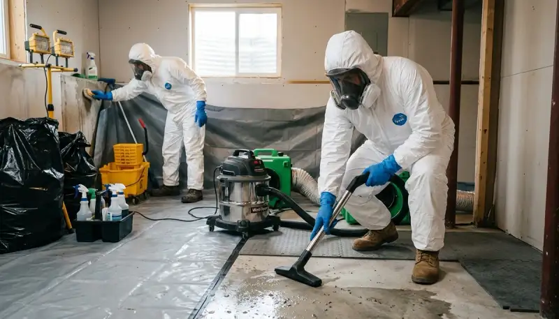 Sewage cleanup crew sanitizing a Conroe, TX home after water damage and contamination