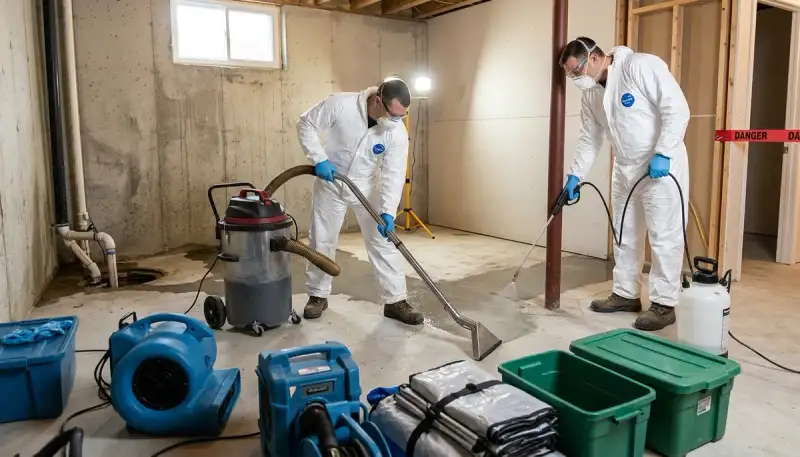 Sewage cleanup crew sanitizing Conroe, TX home after water damage and contamination