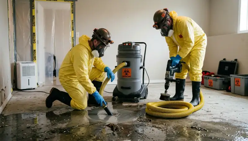 Sewage cleanup technicians sanitizing a Conroe, TX home after water damage