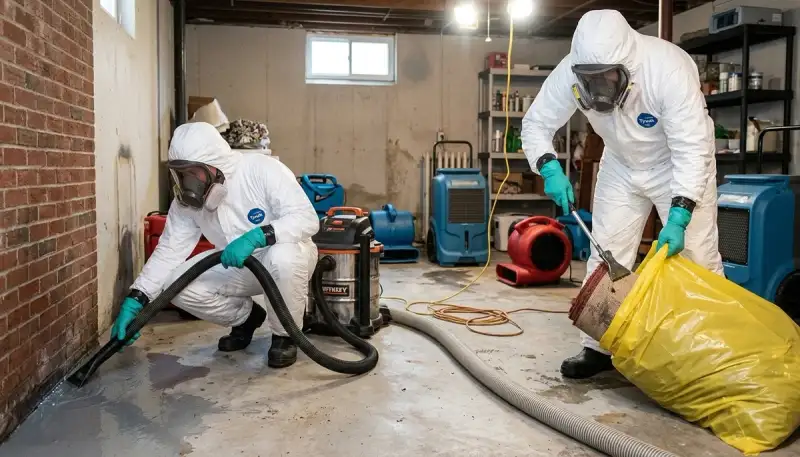 Sewer backup cleanup crew in Conroe, TX removing raw sewage from a home floor