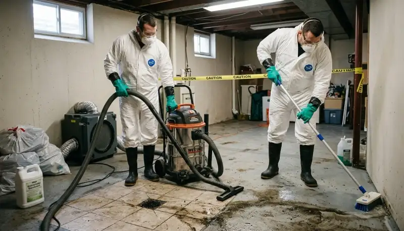 Sewer backup cleanup crew in Conroe, TX removing raw sewage and drying a home after water damage