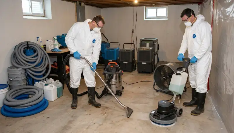Conroe, TX water damage team cleaning up sewer backup in a home after raw sewage overflow