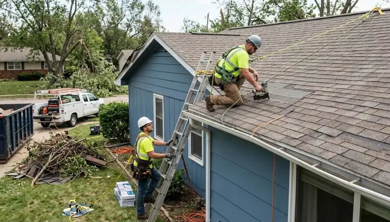 Storm damage restoration crew in Conroe, TX repairing water damage after flooding