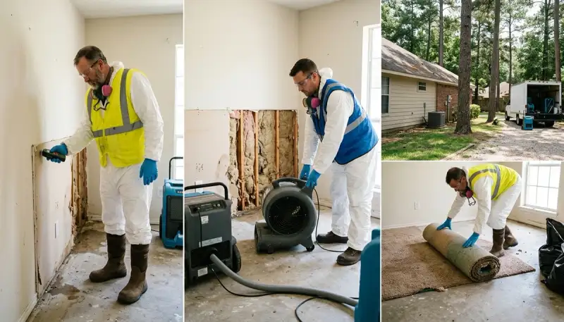 Water damage restoration team in Conroe, TX providing emergency cleanup and repair services
