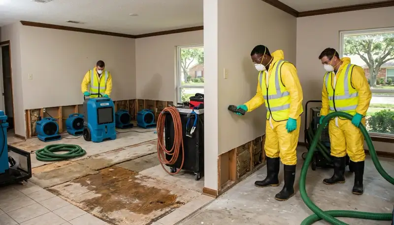 Water damage restoration team in Conroe, TX inspecting and drying a flooded property