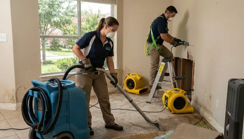 Water damage restoration team in Conroe, TX providing emergency cleanup and repair services