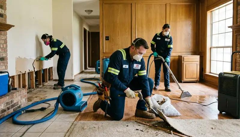 Water damage restoration team serving Conroe, TX, with emergency cleanup equipment