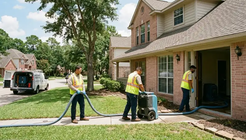 Water damage restoration team in Conroe, TX providing emergency cleanup and drying services