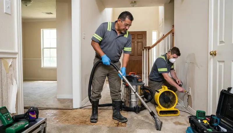 Water damage restoration team in Conroe, TX inspecting and drying a home after flooding