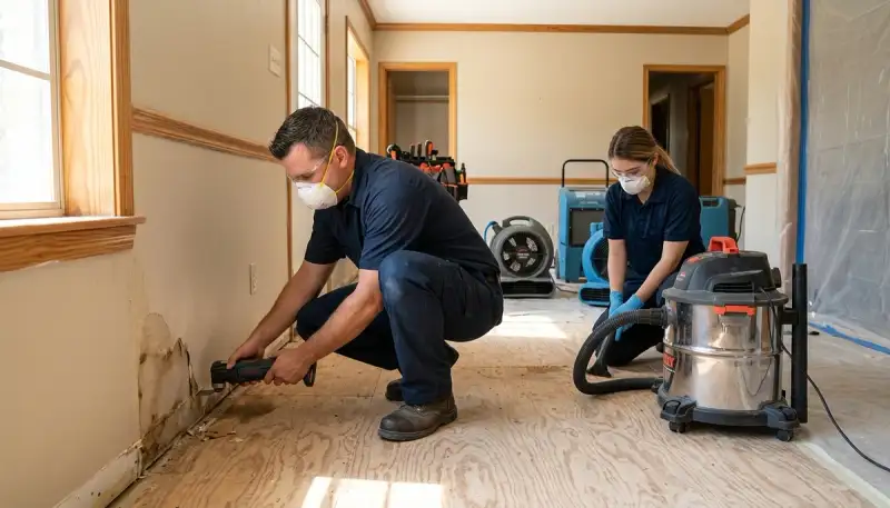 Water damage restoration team in Conroe, TX inspecting a flooded property for cleanup