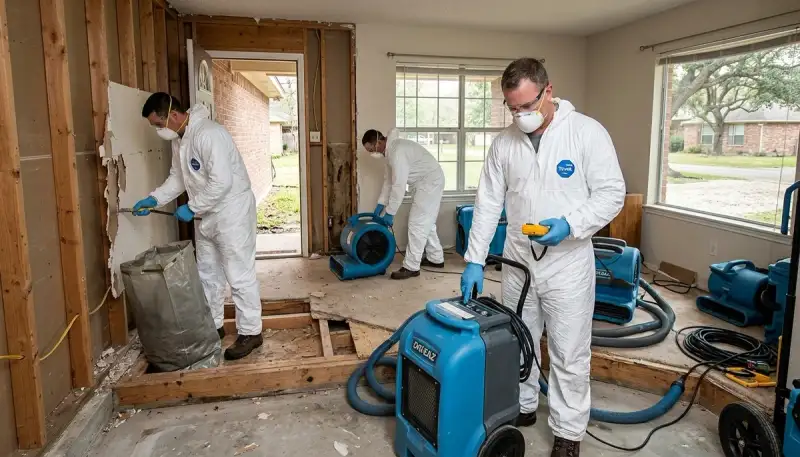 Water damage restoration team in Conroe, TX inspecting flood damage and drying equipment