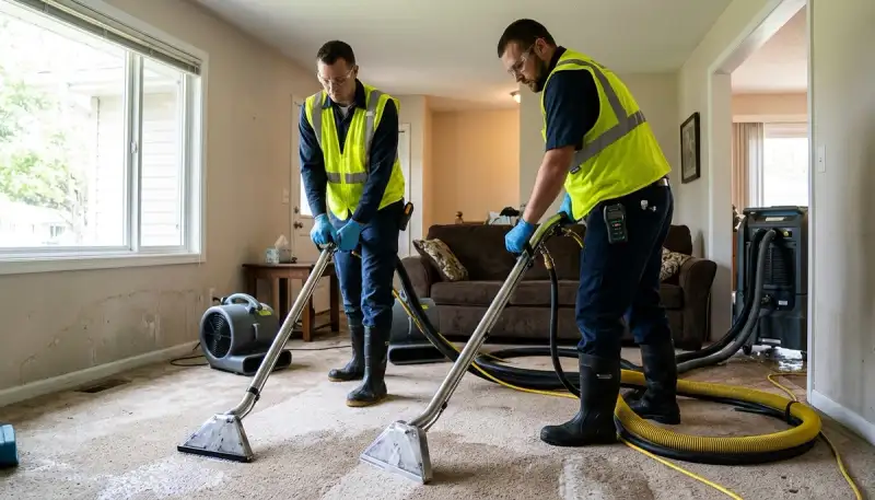 Water extraction team removing standing water in Conroe, TX home, 24/7 water damage service